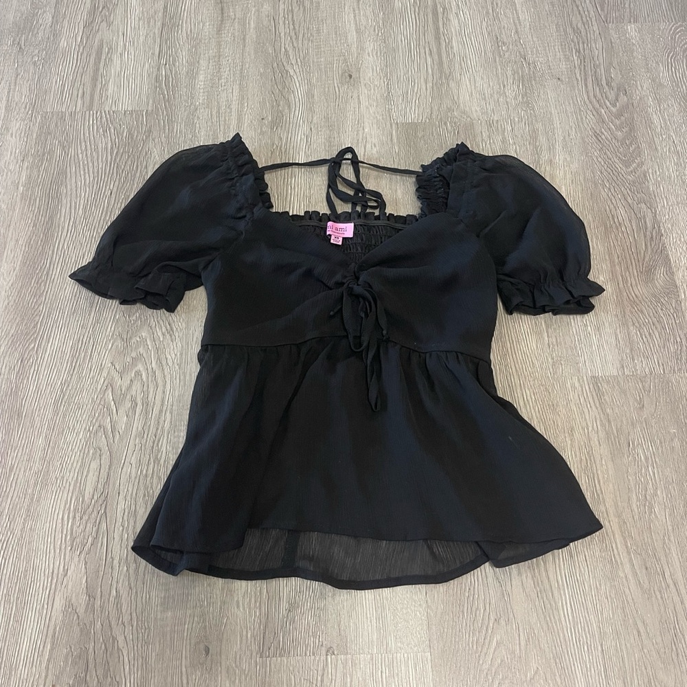 Miami Black Tie Front Ruffled Peplum Blouse